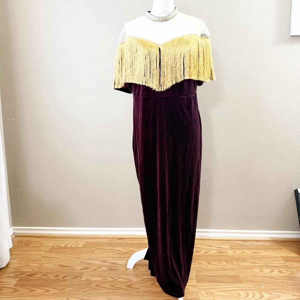Elegant Gold Fringe and Purple Velvet Gown size XL